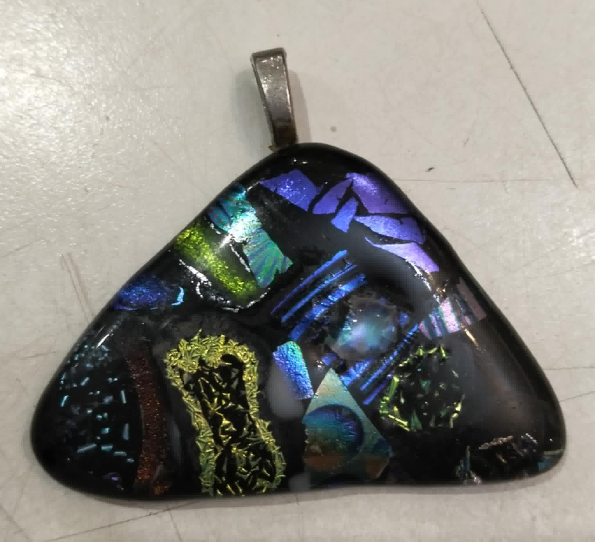 Blue & Gold Triangle Dichroic Glass Pendant by Ricardo Lawyer | Handcrafted Glass Jewellery