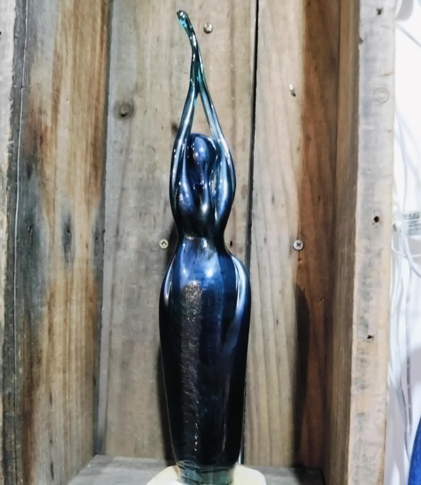 Silver-Blue Dancer Glass Sculpture – Handblown Figurine by Ricardo Lawyer