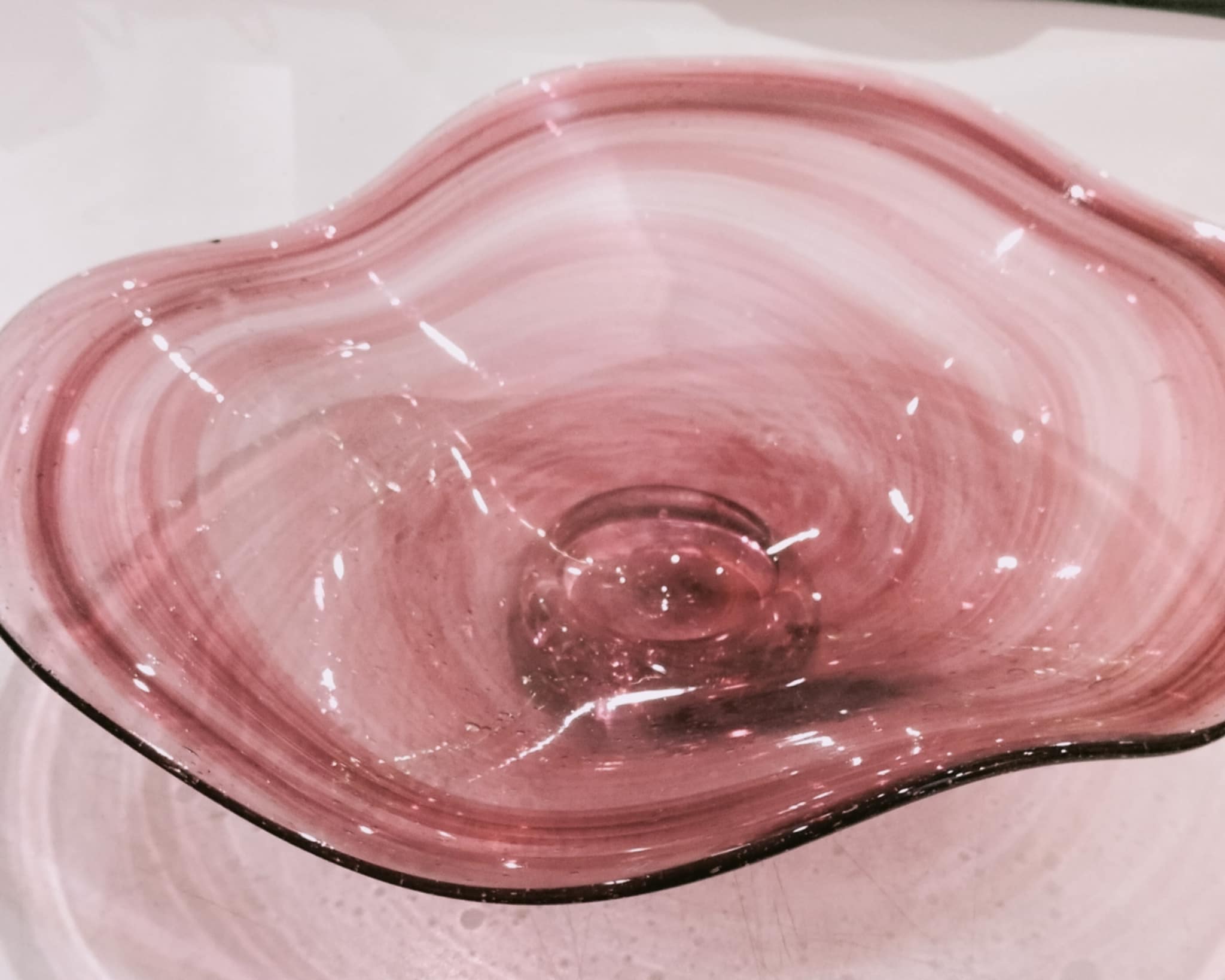 Handblown Wine Red Wavy Glass Bowl – Artistic Decorative Plate by Ricardo Lawyer